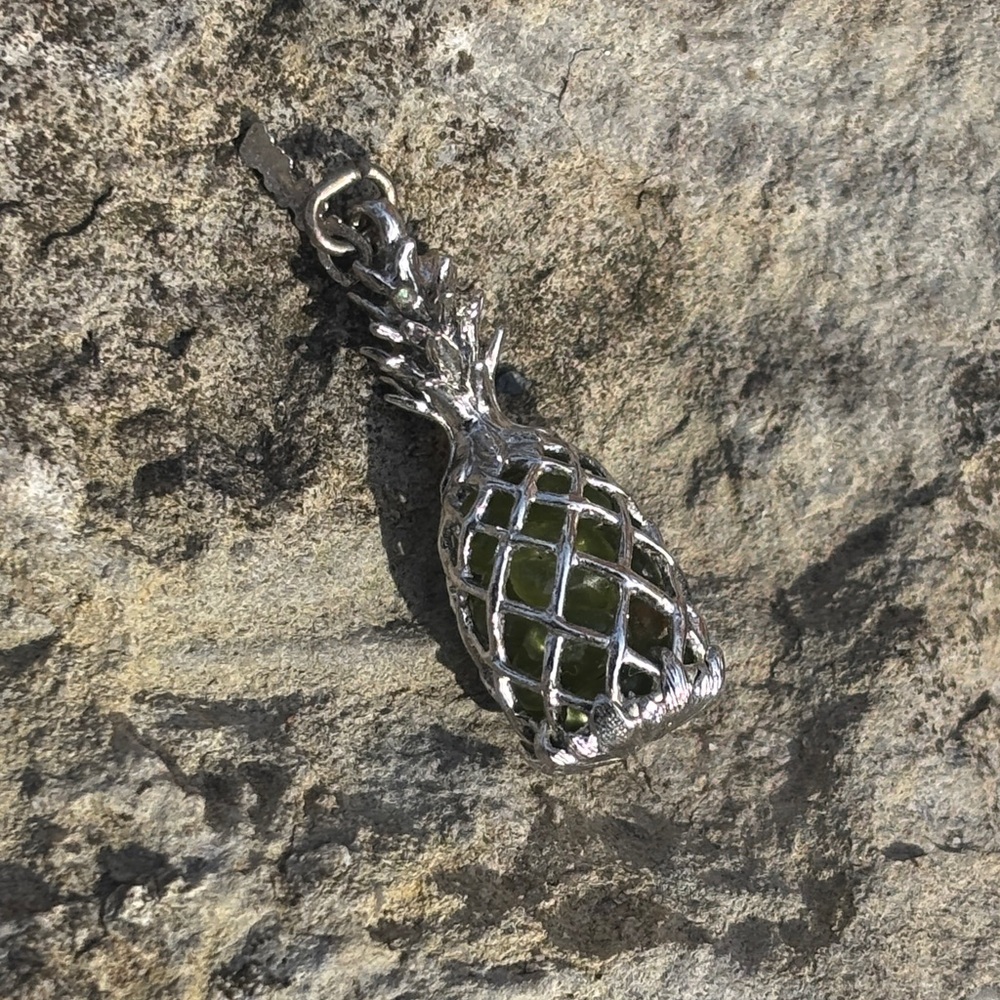 Vintage Sterling Silver Pineapple Charm - Green Stones